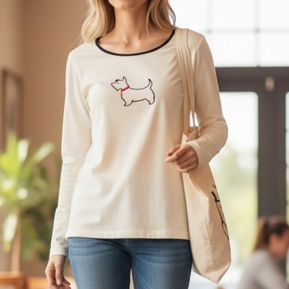 IZOD XXL Long Sleeve Scottie‎ Dog Embroidery Top Womens Cream Preppy